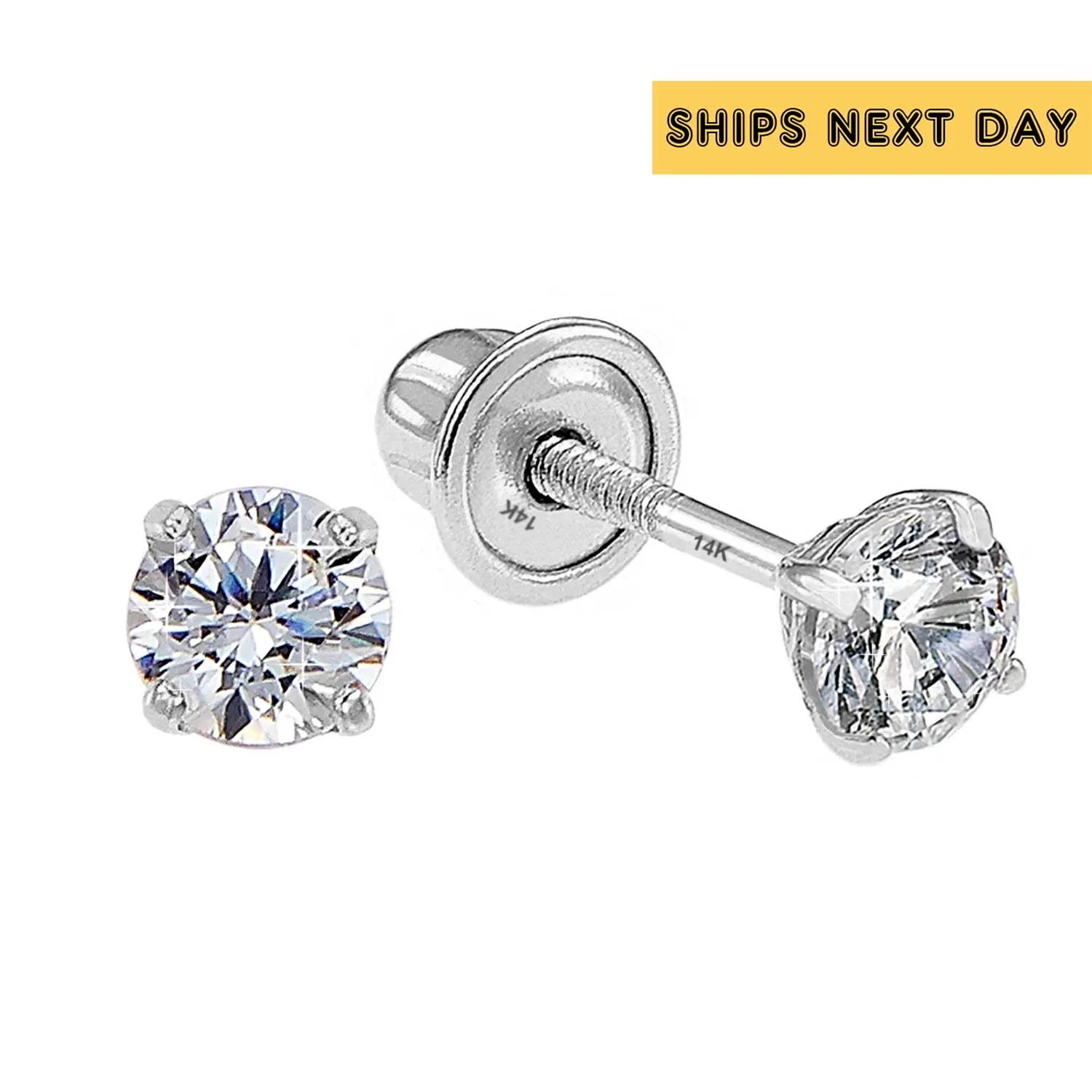 14K White Gold Solitaire round Cubic Zirconia CZ Stud Earrings in Secure Screw-Backs, Sleeper Cz Studs, Unisex, by TILO Jewelry
