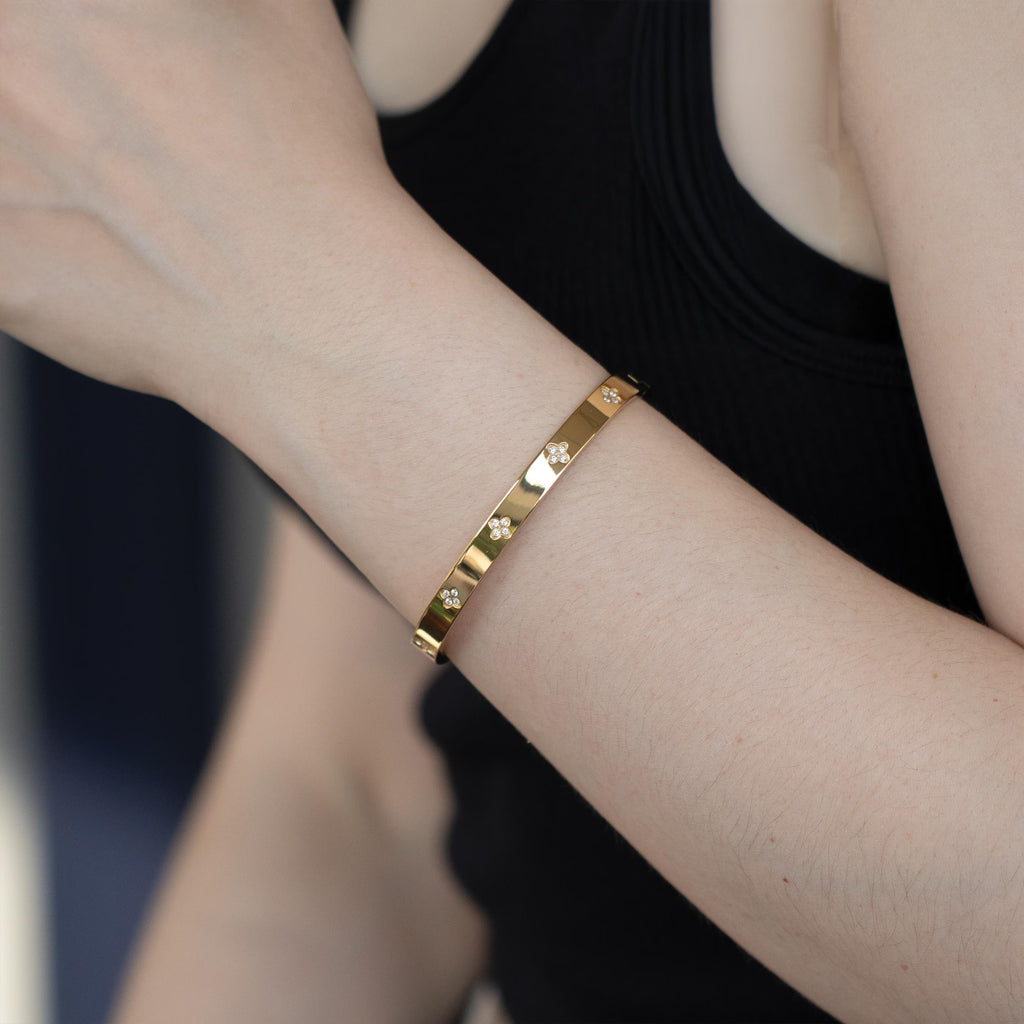 Bangle Bracelet Waterproof - Never Fades, Gold Hinged Bangle, Flower Bracelet, Jewelry Birthday Gifts for Women