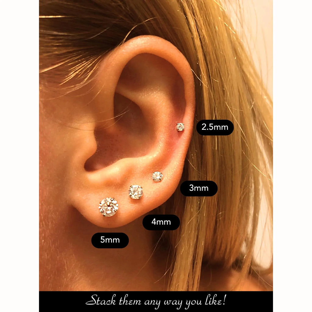 14K White Gold Solitaire round Cubic Zirconia CZ Stud Earrings in Secure Screw-Backs, Sleeper Cz Studs, Unisex, by TILO Jewelry