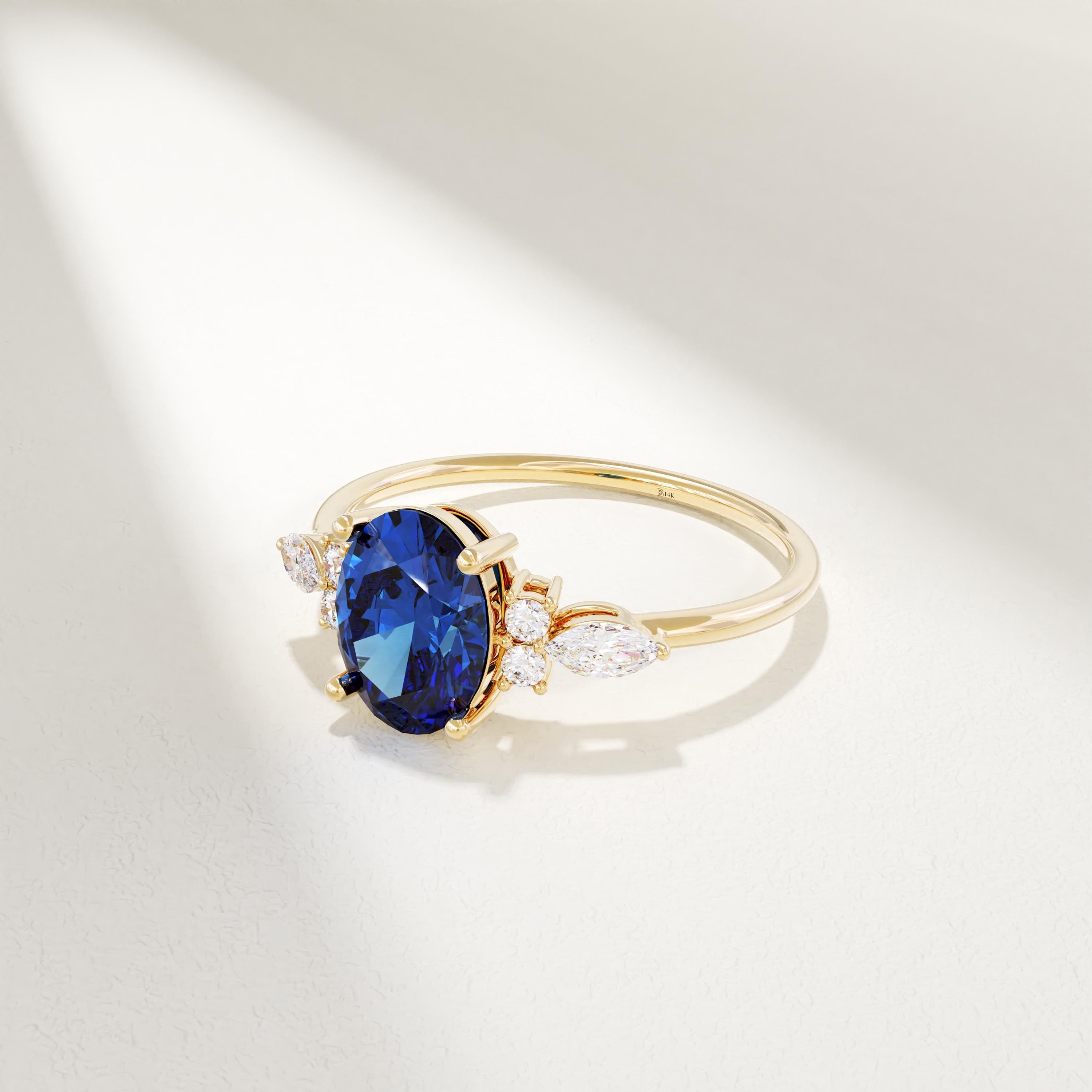 Oval Blue Sapphire Engagement Ring 14K Solid Gold Vintage Solitaire Band Jewelry Women