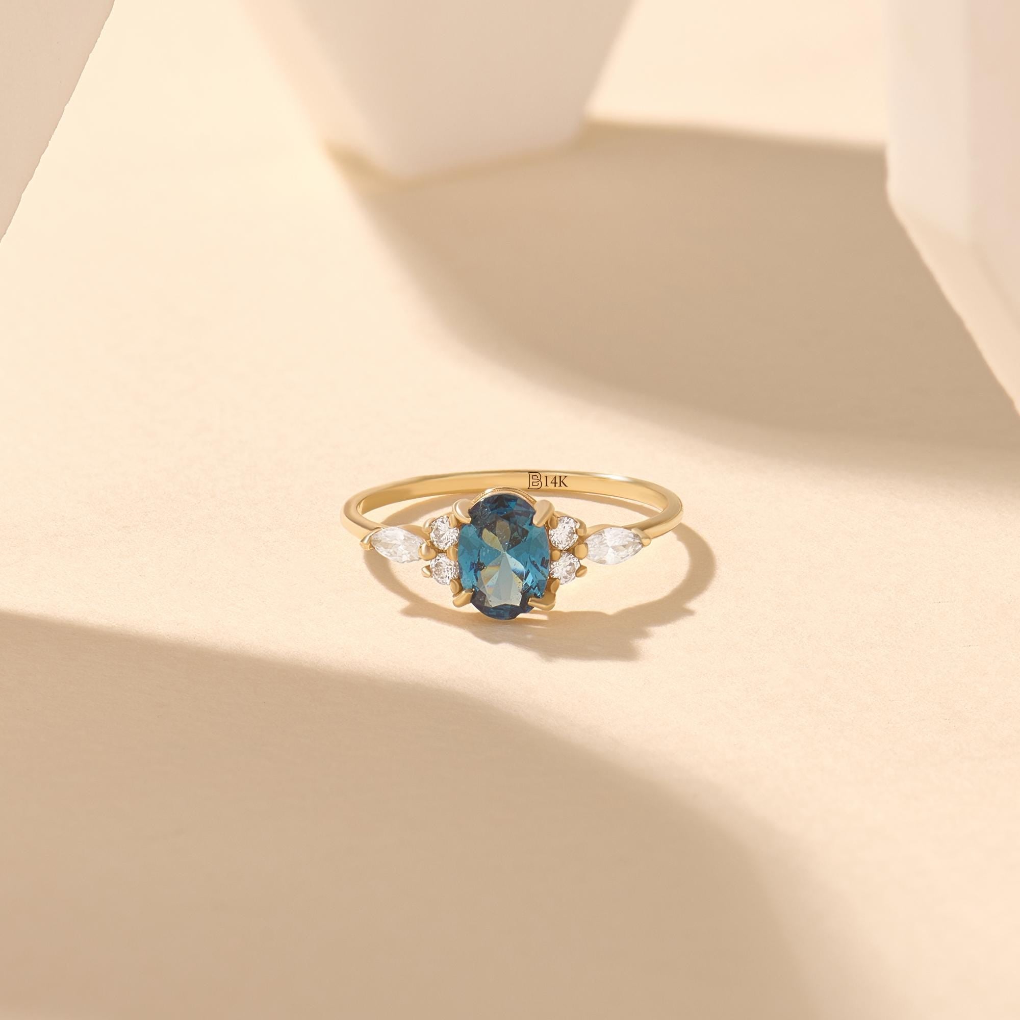 Oval Blue Sapphire Engagement Ring 14K Solid Gold Vintage Solitaire Band Jewelry Women